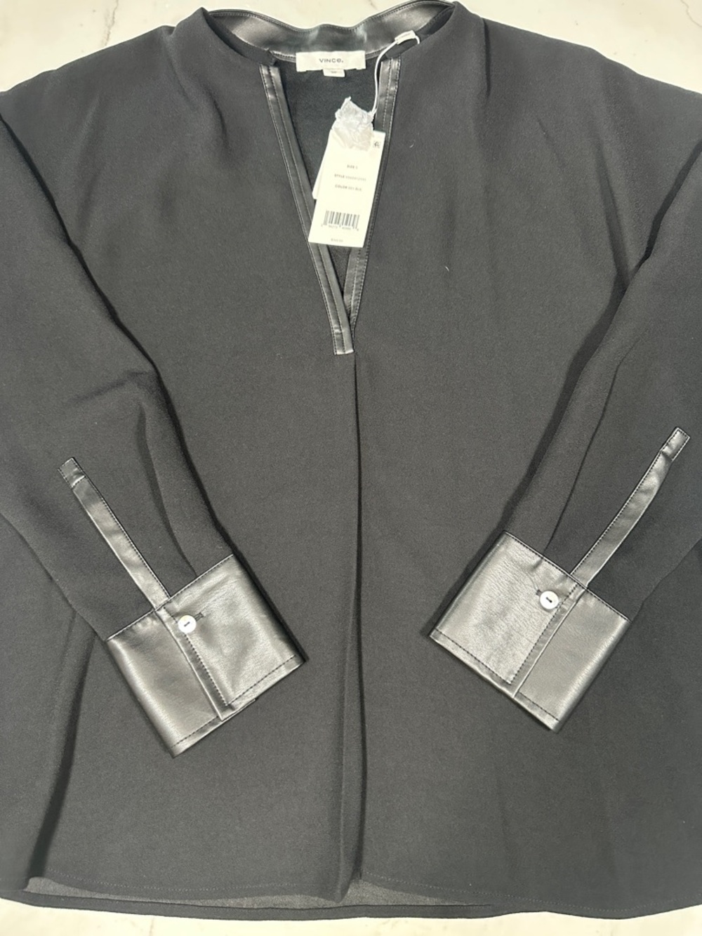 Vince Black Blouse with Leather-Trim Cuffs and Neckline
